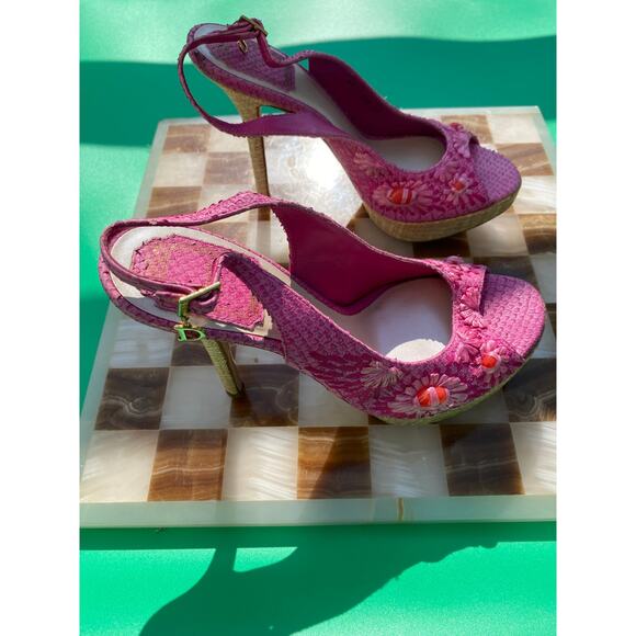 Vintage Dior Pink Python And Raffia Embellished Platform Sandals - Picture 3 of 10